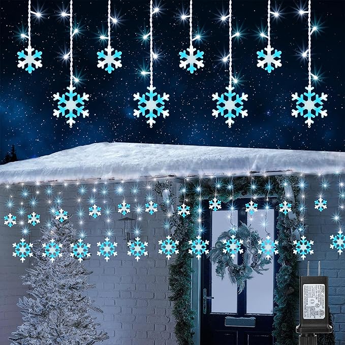 Christmas Snowflake Lights 10.66ft 168 LED Icicle Lights Outdoor with 14 Drops 8 Modes Waterproof Connectable Christmas Light for Eaves Wedding Garden Yard Indoor Xmas Decor (White &amp Icicle Blue