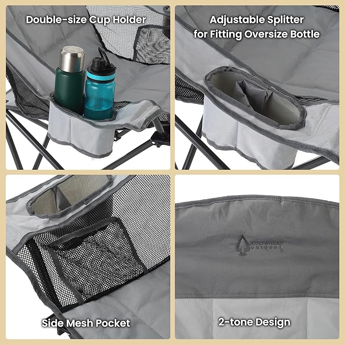 ARROWHEAD OUTDOOR Oversized Folding Camping Chair Heavy-Duty 300 lbs Capacity Adjustable Double Cup Holder Mesh Panels Inner Storage Pockets &amp Carry Bag