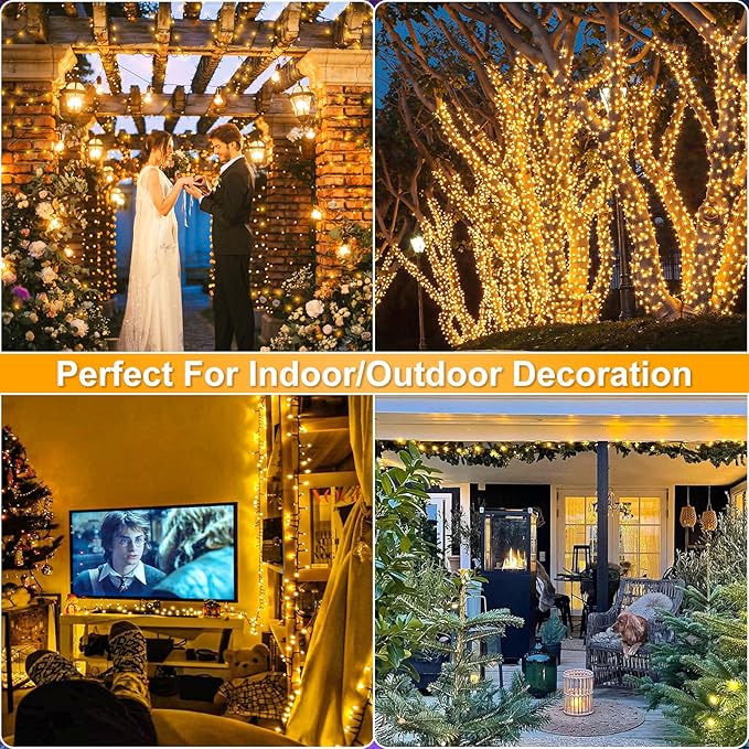 2 Pack Christmas Lights Outdoor Total 200FT 600LED String Lights for Outside Waterproof with 8 Modes Warm White Fairy Twinkle Lights Green Wire for Indoor Room Patio Garden Party Holiday Decorations