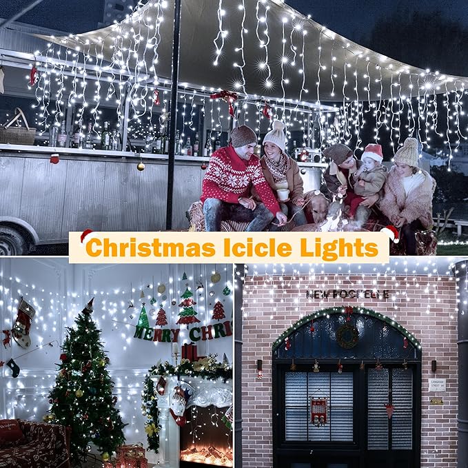 Ollny Icicle Lights Outdoor Cool White 600LED 49FT Christmas Lights with Remote 8 Modes Dimmable Waterproof Connectable Timer Hanging Light for House Outside Yard Indoor Decorations