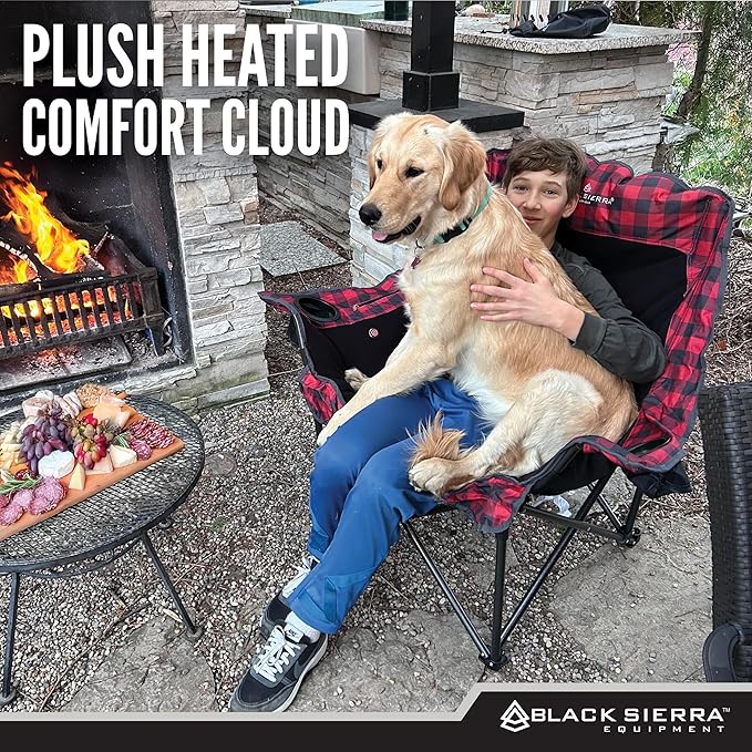 Black Sierra Heated Fleece Camping Chair for Adults Oversized Outdoor Seat with Plush Padding Supports 400lbs Cup Holders and Carry Bag Heavy Duty Folding Chair for Tailgating or Patio
