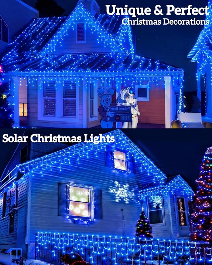 Solar Christmas Lights Outdoor 640LED 16Ft+60Ft Solar Icicle Lights Waterproof with 13 Modes Rechargeable for Outside Roof Fence Christmas Decorations