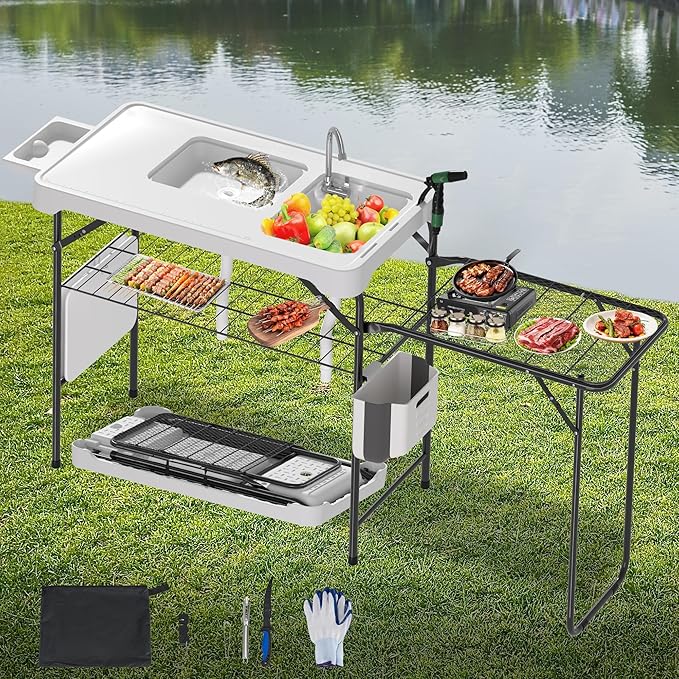 Dragosum Fish Cleaning Table Portable Folding Camping Table with Folding Grill Extension Board Fish Cleaning Station with Dual Sinks Hose Hook Up