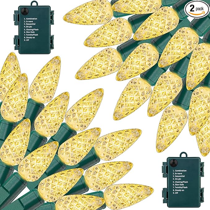 2 Pack 100LED C6 Christmas Lights Battery Operated 16.4FT C6 Christmas Lights Battery Powered with Timer 8 Modes Waterproof for Outdoor Garden Patio Indoor Xmas Tree Bedroom Party Warm White