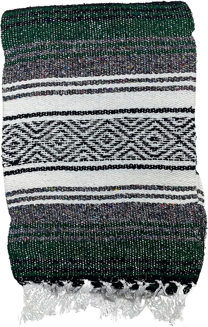 Genuine Oversized Artisan Mexican Falsa Hunter Green Blanket (72inx48in) -Authentic Handcrafted Yoga Blanket Beach Throw Camping Essential Picnic Mat or Outdoor Wrap