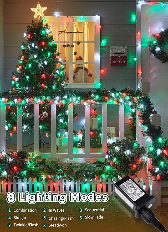 C9 LED Christmas Lights Outdoor 81 Feet 100 LED String Lights with Timer &amp 8 Light Mode Waterproof Connectable Christmas Tree Lights for Outside Indoor Roofline Patio Decor Red Green &amp Pur