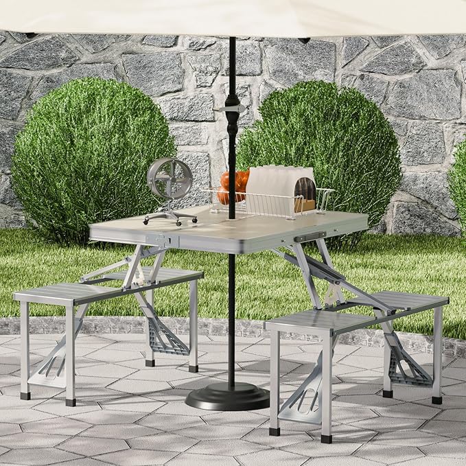 Magshion Folding Picnic Table with 4 Seats Portable Camping Table with Adjustable Height Umbrella Hole Easy Setup for Outdoor Tailgating &amp Travel Silver