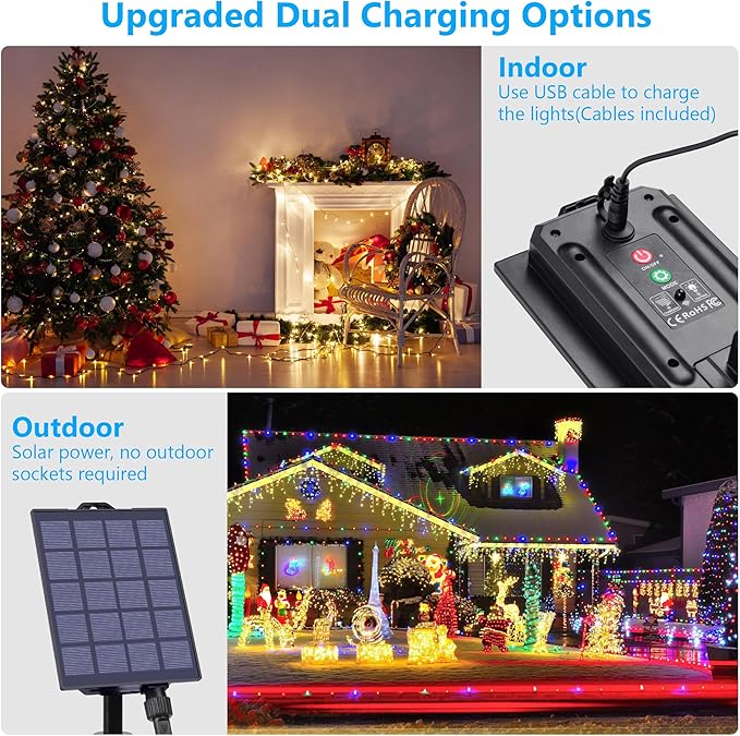 59Ft Solar String Lights Outdoor Waterproof 18 Colors Changing 150 LED Christmas Lights Solar Powered &amp USB with Remote Multicolor Fairy Lighting for Outside Tree Yard Indoor Halloween Decor