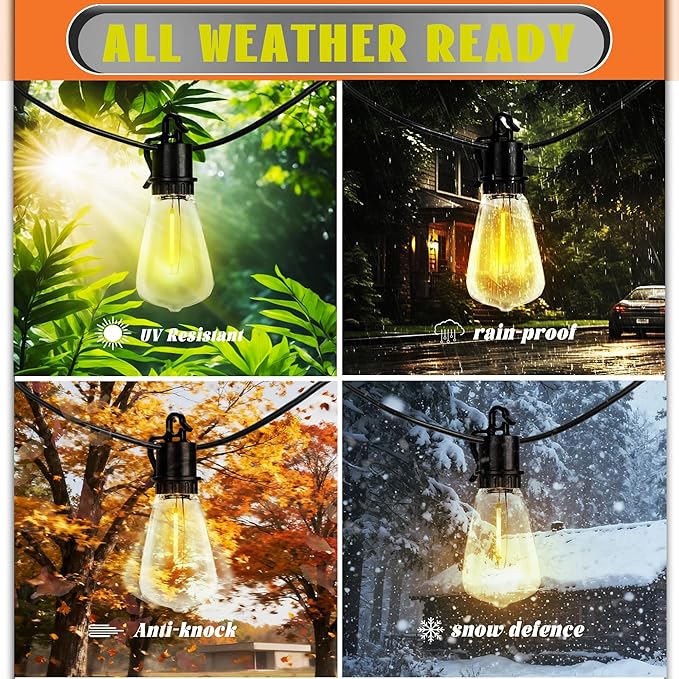 Outdoor Solar Waterproof Light String 50FT Wire and 25+1 LED shatterproof Bulbs dimmable Light Cannon with Remote Control Suitable for Courtyard Terrace Balcony Party Decoration Lighting