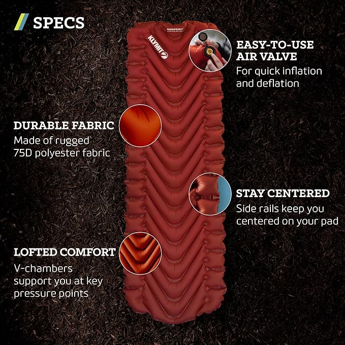KLYMIT Insulated Static V Inflatable Sleeping Pad | Comfortable Lightweight Easy to Inflate Portable Air Bed Mattress for Camping Backpacking and Hiking — Red