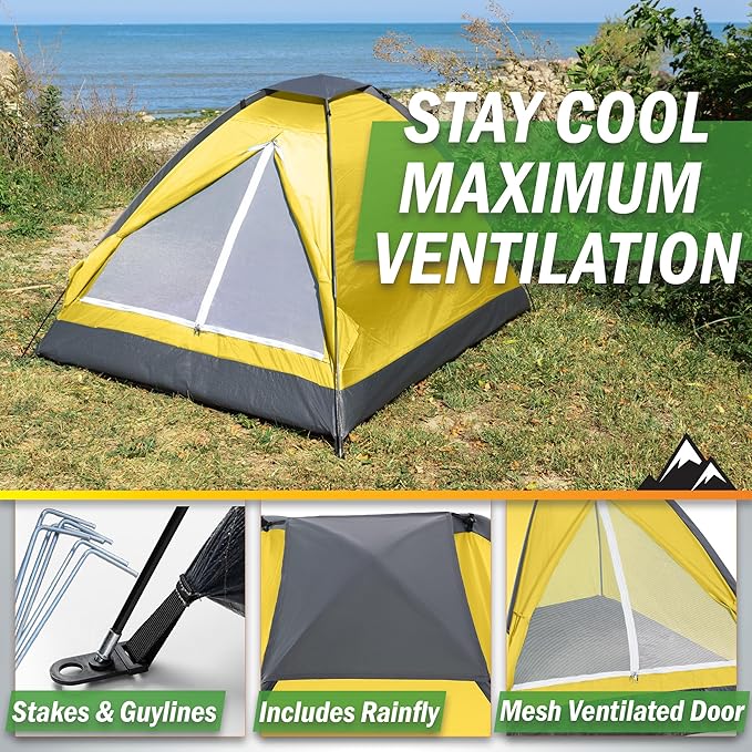 2 Person Camping Tent with Rain Fly and Carrying Bag - Lightweight Outdoor Tent for Backpacking Hiking or Beach Use by Wakeman Outdoors