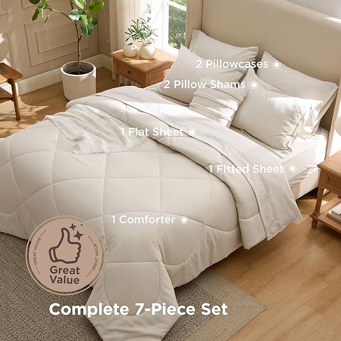 Bedsure 7 Pieces King Comforter Set Premium Series Hotel Luxury Soft Bed in a Bag Goose Down Alternative Safe for Sensitive Skin Bedding Comforter All Season Medium Warmth Beige Wavy Quilted