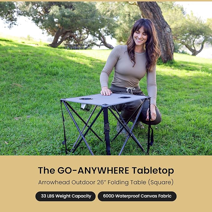 ARROWHEAD OUTDOOR 26” (66cm) Portable Camping Folding Table 2 Cup Holders Square Carrying Case Steel Frame High-Grade 600D Canvas