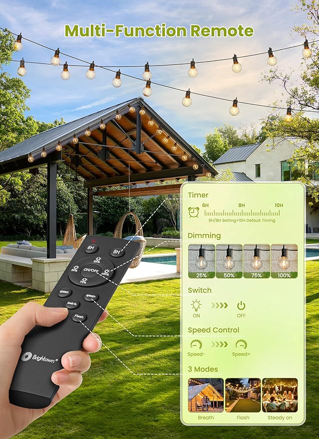 Brightown 75FT Solar String Lights Outdoor Waterproof with Remote Solar Patio Lights with 35 Shatterproof LED Bulbs 3 Light Mode Dimmable &amp Timer Hanging String Lights for Porch Garden Bistro