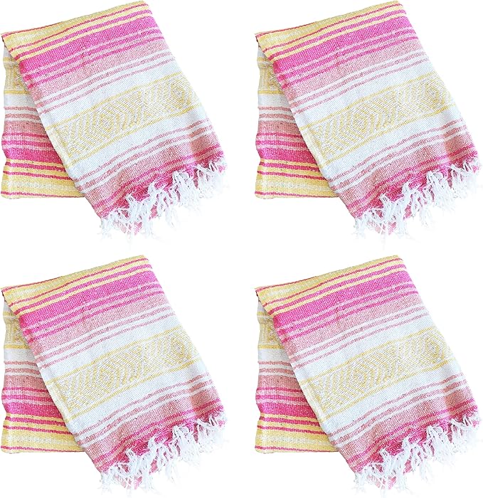 La Montana Mexican Blankets and Throws 4 Pack 74x50 - Made in Mexico Lightweight Yoga Blanket for Schools Studios Outdoors Camping Picnic Decor - Machine Washable Coral/Melon/Yellow/White