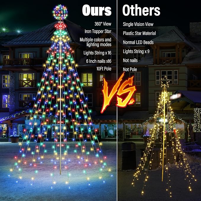 Flacchi Christmas Outdoor Star String Lights - Pole Set with Remote Multiple Lighting Modes Timer and Waterproof Feature (Cool White &amp Multicolor Ball 10 FT/432 LED)