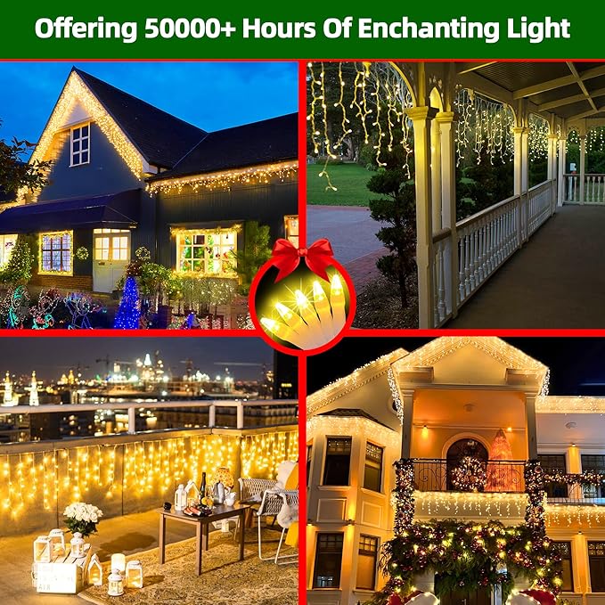 504 LED Christmas Lights with 112Drops 50ft 12 Modes Warm White Fairy String Lights with Timer Dimmable Waterproof Twinkle Lights for Indoor Outdoor Holiday Wedding Party Eaves Yard Christmas Decor