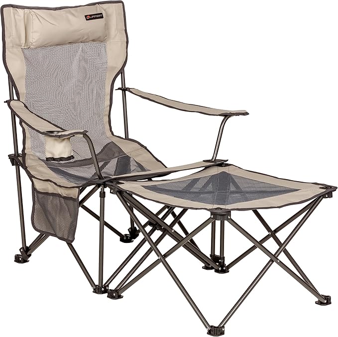 Lippert Sun Soaker Two-Position Vented Reclining Camping Chair with Footrest 600D Polyester Fabric Mesh Back/Seat Padded Headrest Cupholder 250-lb. Weight Capacity Sand Color - 2022114829