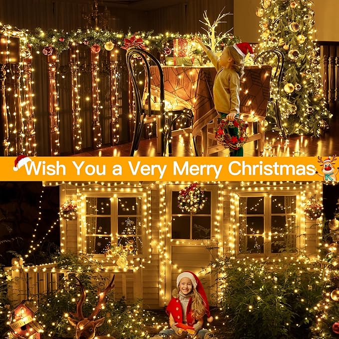 Ollny Christmas Lights 1000 LED 330 FT IP67 Waterproof Plug in Christmas Tree Lights with Remote 8 Modes 3 Timers Dimmable House Xmas Indoor Decorations String Light (Warm White) (Pack of 2)