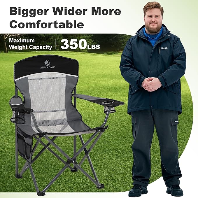 LET'S CAMP Mesh Back Camping Chair Portable Folding Heavy Duty Outdoor Chair Support 330 LBS Durable Large Arm Chair with Cup Holder and Carry Bag for Camp Fishing Hiking Black