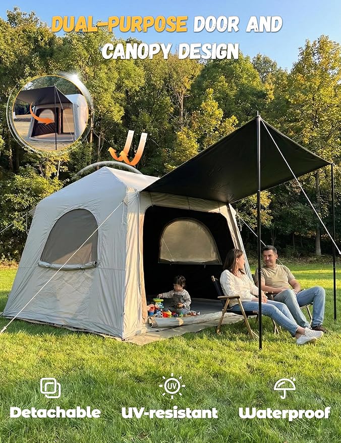 Inflatable Tents for Camping - Blackout Interior for Better Sleep Blow Up Tent with Hand Pump &amp Awning Quick Setup Waterproof Oxford Air Glamping Inflatable House for Camping Tent 4 Person