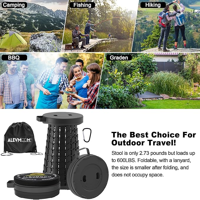ALEVMOOM Upgraded Collapsible Stool with Cushion &amp Bag 18 H Portable Retractable Telescoping Folding Stool for Adults Lightweight But Sturdy Capacity 600 lbs for Camping Fishing Hiking Travel
