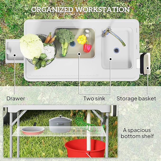 Outsunny Folding Fish Cleaning Table with Sinks Portable Camping Sink Table Gray