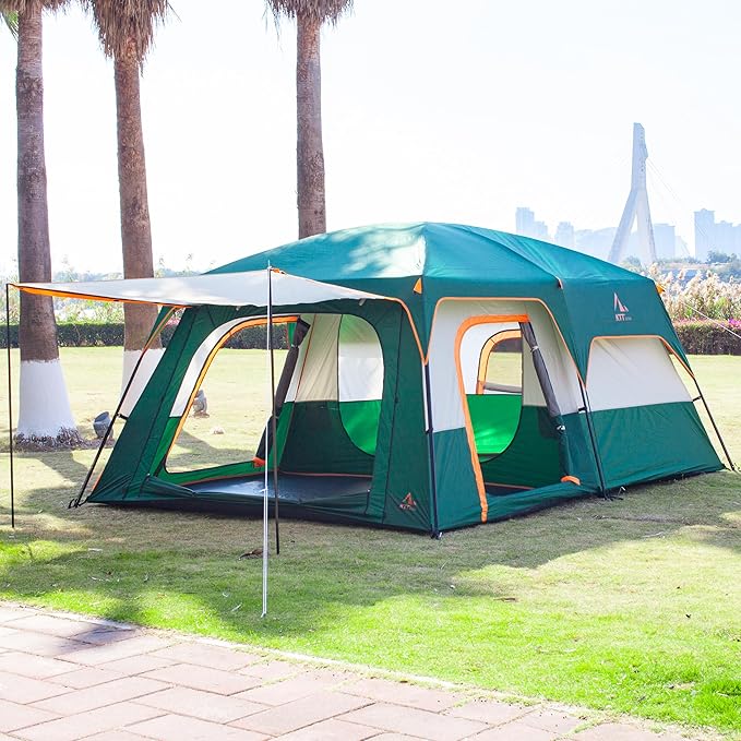 KTT Extra Large Tent 10-12-14 Person(A)Family Cabin Tents2 Rooms3 Doors and 3 Windows with MeshStraight WallWaterproofDouble LayerBig Tent for OutdoorPicnicCampingFamily Gathering