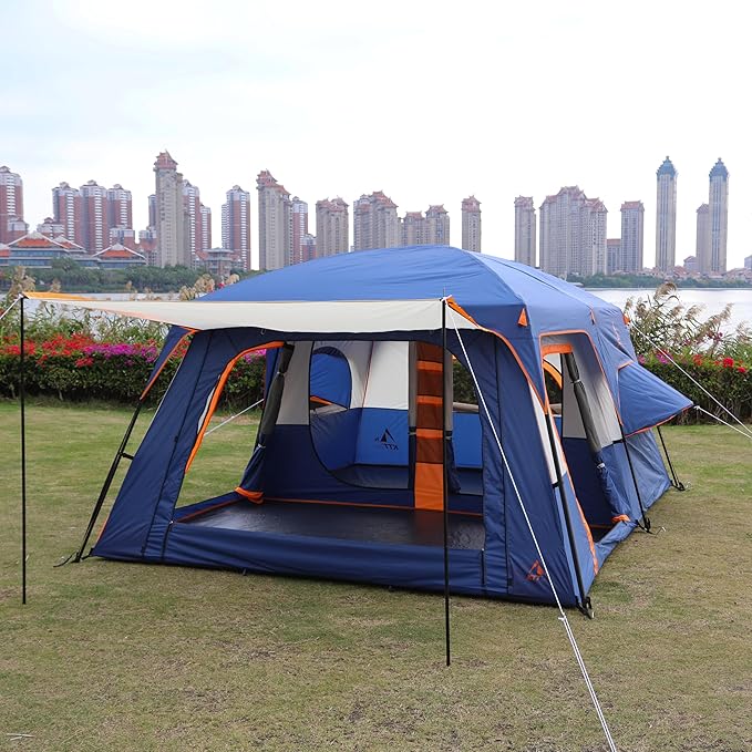 KTT Extra Large Tent 10-12-14 Person(A)Family Cabin Tents2 Rooms3 Doors and 3 Windows with MeshStraight WallWaterproofDouble LayerBig Tent for OutdoorPicnicCampingFamily Gathering