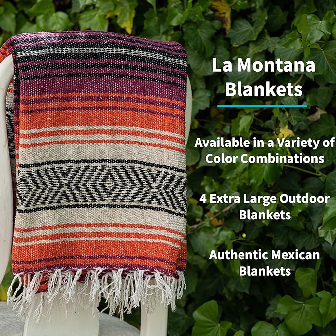 La Montana Mexican Blankets and Throws 4 Pack 74x50 - Made in Mexico Lightweight Yoga Blanket for Schools Studios Outdoors Camping Picnic Decor - Machine Washable Hot Pink/Orange/Tan