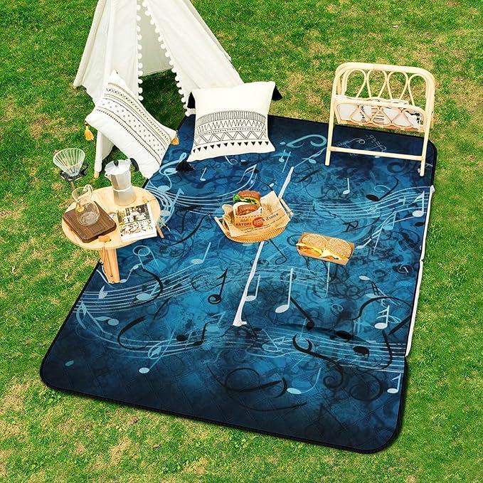 Zipper Blue Musical Notes Style Picnic Mat Suitable for Travel Camping Park Or Home Use