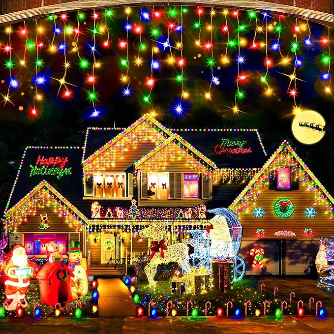 Hezbjiti Christmas Lights Decorations Outdoor 800 LED 65.6 FT 8 Modes 150 Drops Fairy String Curtain Lights for Christmas Decor Eaves Window Party Yard Garden Indoor (Multicolor)