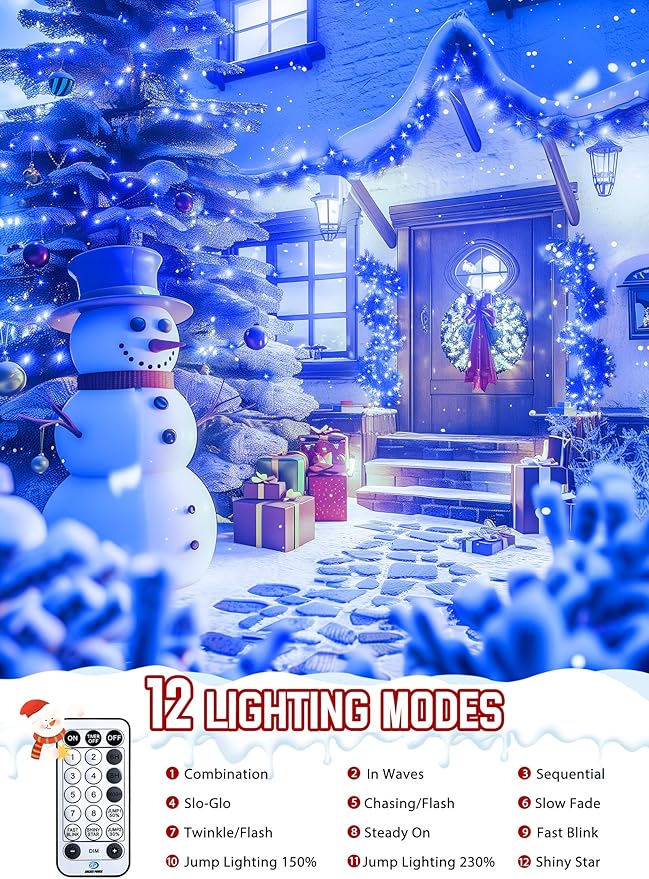 Brightown Christmas Tree Lights Outdoor Cluster Lights - 1000 LED 50 Ft Christmas Firecrackers String Lights 12 Modes Timer Remote Waterproof Plug in Twinkle Fairy Lights for Xmas Tree Garland Blue