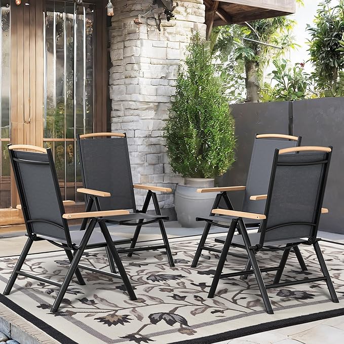 YITAHOME Aluminum Folding Patio Chairs Set of 4 Portable Patio Folding Chairs w/ 8-Position Backrest Breathable Folding Outdoor Chairs w/Sturdy Frame for Indoor &amp Outdoor Activities Black