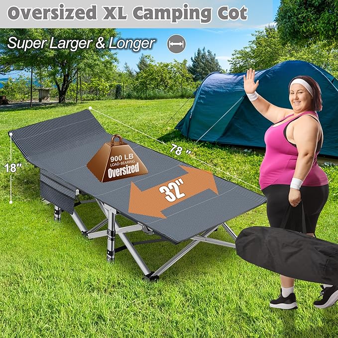 ABORON Oversized XXL Folding Camping Cot W/Mat for Adults 78 L x 32 W x 18 H Heavy Duty Outdoor Bed with Carry Bag1200 D Layer Oxford Travel Camp Cots