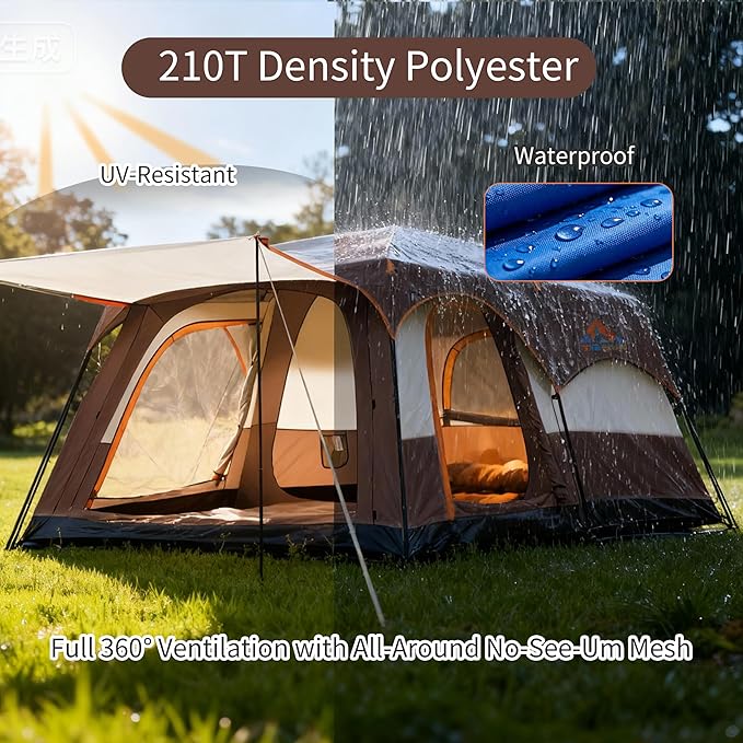Large Family Standing Upright Camping Tent - 5-12 Persons Multi-Room Waterproof Tent with Screened Porch - Glamping Tent for Outdoor Camping &amp Family Vacation