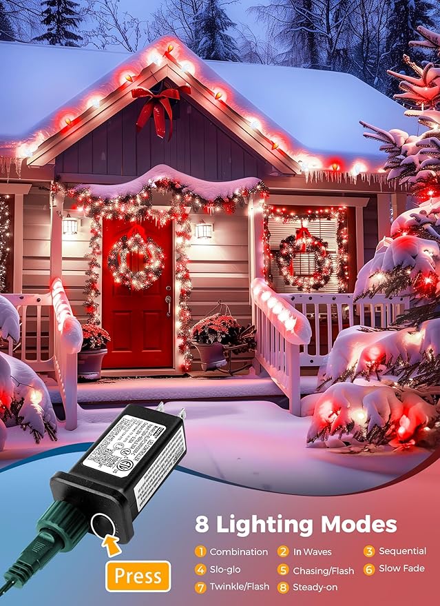 C9 Christmas Lights Outdoor Waterproof 114 Feet 150 LED C9 String Light with Timer &amp 8 Light Mode Connectable Christmas Tree Lights for House Outside Roofline Indoor Decoration Red &amp Pure W