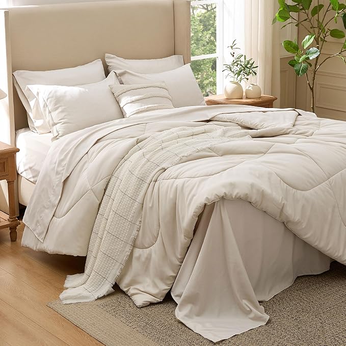 Bedsure 7 Pieces King Comforter Set Premium Series Hotel Luxury Soft Bed in a Bag Goose Down Alternative Safe for Sensitive Skin Bedding Comforter All Season Medium Warmth Beige Wavy Quilted