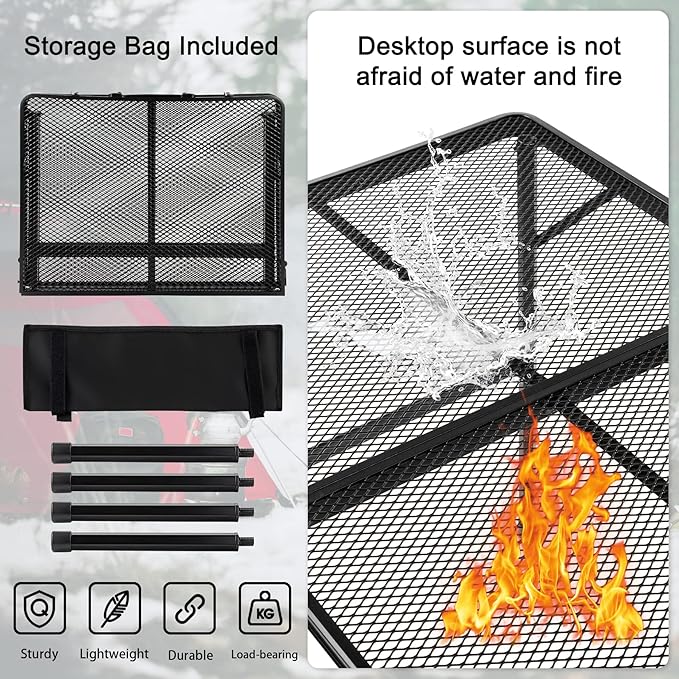 Folding Grill Table Camping Table with Mesh Desktop Lightweight 3 FT Metal Table for Outside Height Adjustable Portable Grill Tables for Camping Picnic Beach and BBQ RV