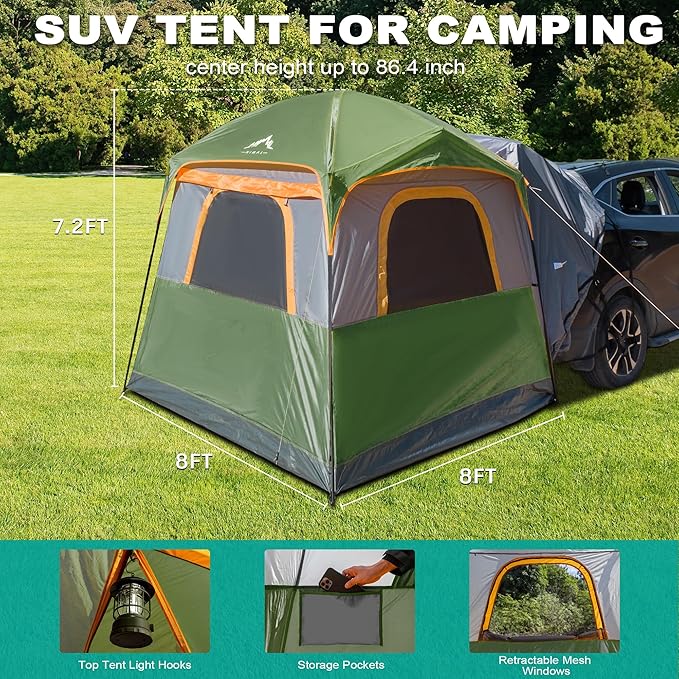 SUV Tent for CampingWaterproof PU2000mm Fits 5-8 PeopleSpacious Double Layer Design Includes Rainfly &amp Storage Bag 8FT L x 8FT W x 7.2FT H | for Camping Waterproof PU2000mm Spacious Double