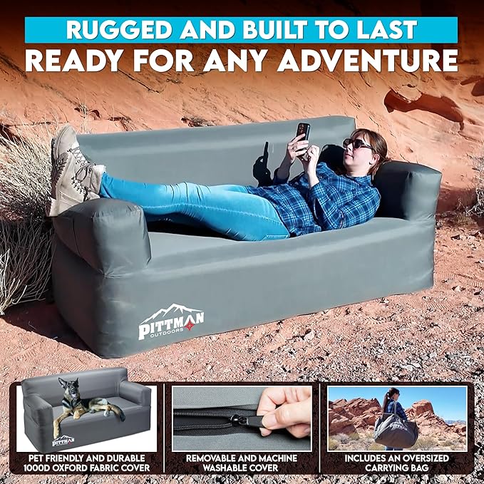 Pittman - Inflatable Couch with Built in Pump for Outdoors &amp Indoors - Blow Up Couch for Camping Glamping or Home use has Heavy Duty Puncture Resistant Fabric for Inflatable Sofa Comfort &amp Du