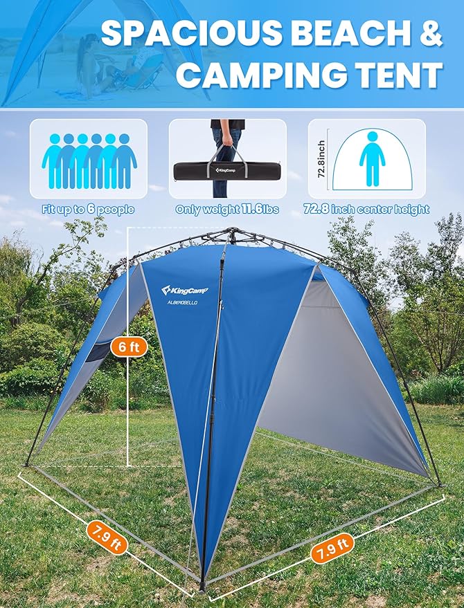 KingCamp Pop Up Canopy Beach Tent for 6-8 Person 7.9' x 7.9' Outdoor Sun Shade with Detachable Sunshade for Camping Beach Garden &amp Backyard