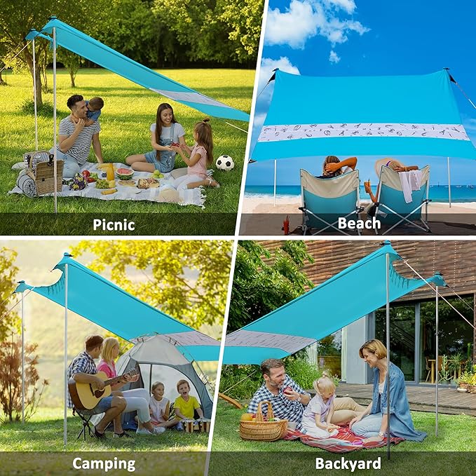 VILLEY Beach Tent Sun Shelter with UPF50+ Protection for 5 Person 8x7FT Portable Sun Shade with 2 Stability Poles and 4 Sandbags Outdoor Beach Canopy for Camping Picnics Fishing Outdoors(Blue)