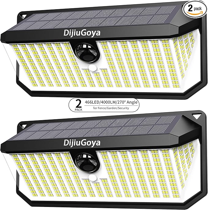 Solar Security Lights Outdoor 466 LED 4000Lm Ultra Bright 270° Wide Motion Sensor IP68 Waterproof 3 Modes Dusk-to-Dawn Solar Flood Light for Driveway Fence Garden Garage 2-Pack