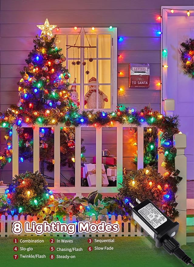 Minetom C9 LED Christmas Lights Outdoor 81 Feet 100 LED String Light with Timer &amp 8 Lighting Mode Waterproof Commercial Grade Christmas Tree Lights for Outside Indoor Roofline Patio Multicolor