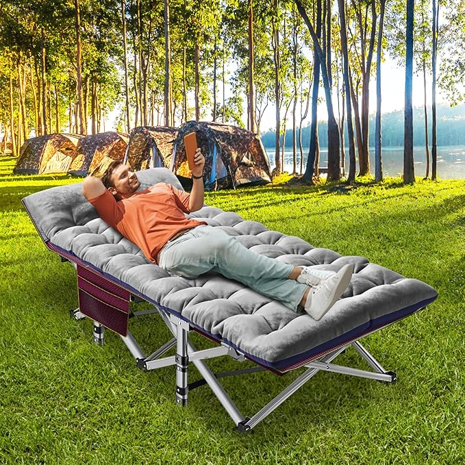 ABORON Folding Camping Cot W/Mat for Adults Heavy Duty Outdoor Bed with Carry Bag1200 D Layer Oxford Travel Camp Cots