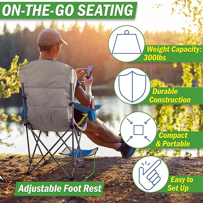 Camping Chair with Foot Rest - 300lb Capacity Beach Chair with Footrest Cupholder and Cooler Pouch - Portable Chair by Wakeman Outdoors (Blue)