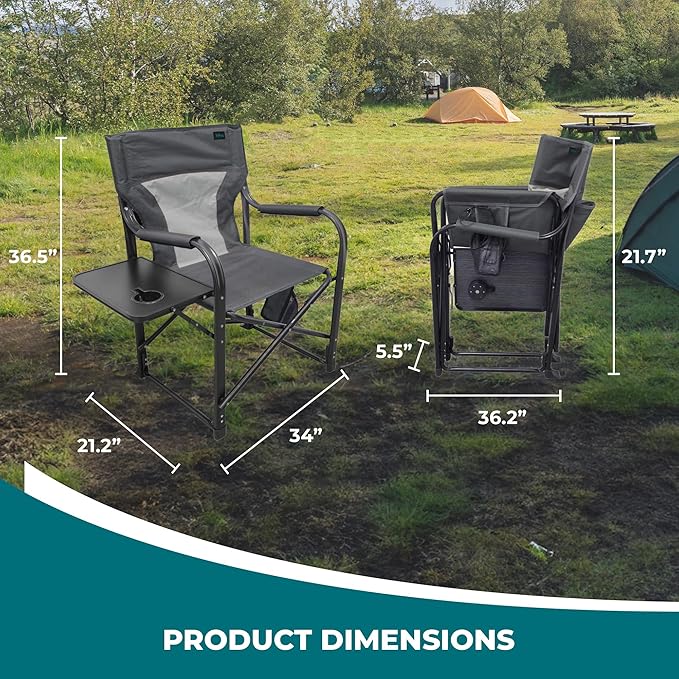 Bliss Hammocks 24 Volt Heated Directors Seat with 3 Heat Settings Folding Portable 21 Inch Wide Steel Frame Camping Chair - Battery Included Gray