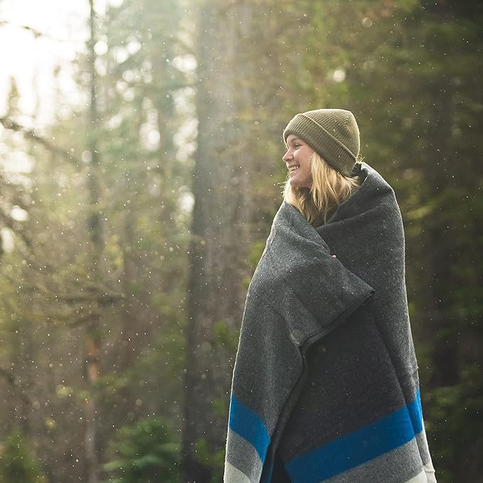 Arcturus Rainier Wool Blanket - 4.5lbs Warm Heavy Washable Large | Great for Camping Outdoors Survival &amp Emergency Kits (White Blue Gray)