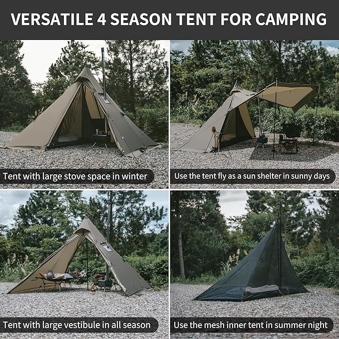 Naturehike Ranch Fire 4 Season Teepee Tent 2 Person Hot Tent with Stove Jack Windproof Waterproof Cold Weather Winter Tents for Camping